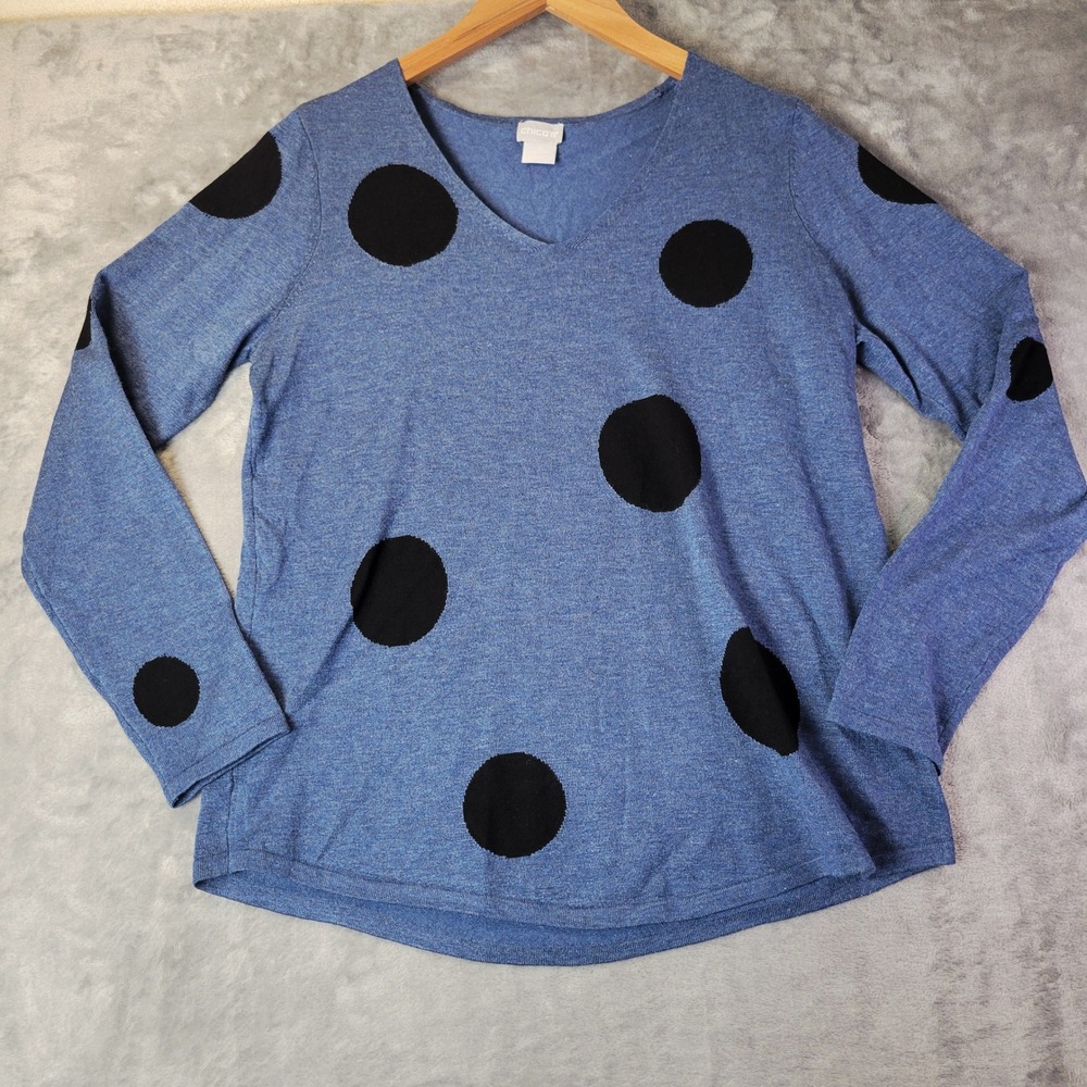 Chicos Blue Polka Dot V-Neck Long Sleeve‎ Sweater Size 0 Small Heathered Knit